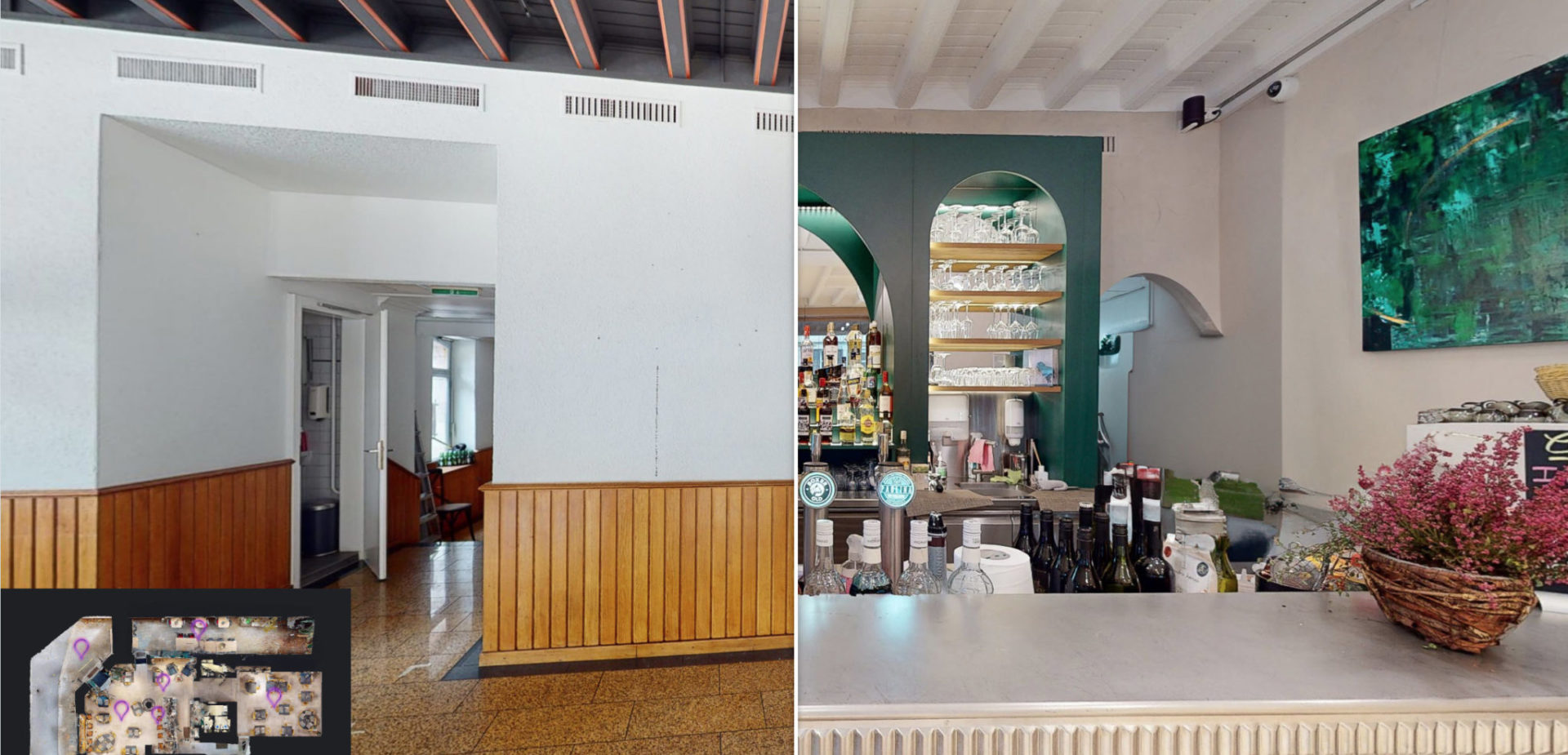 Image montrant le contraste frappant entre le bar avant et après les travaux de rénovation, illustrant une métamorphose impressionnante.