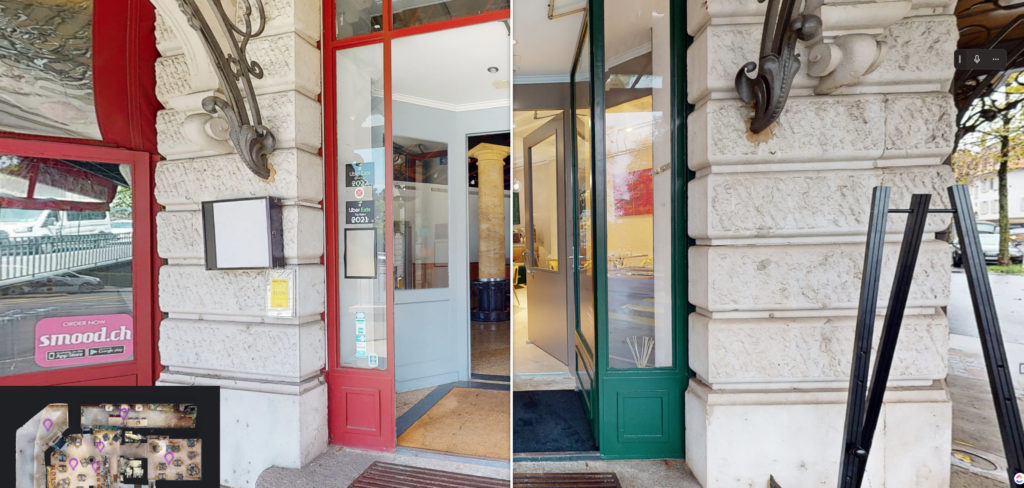 Image contrastant l'entrée d'un restaurant avant et après les travaux, démontrant une amélioration remarquable en termes de design et d'attrait.