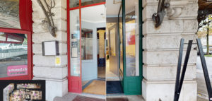 Image contrastant l'entrée d'un restaurant avant et après les travaux, démontrant une amélioration remarquable en termes de design et d'attrait.
