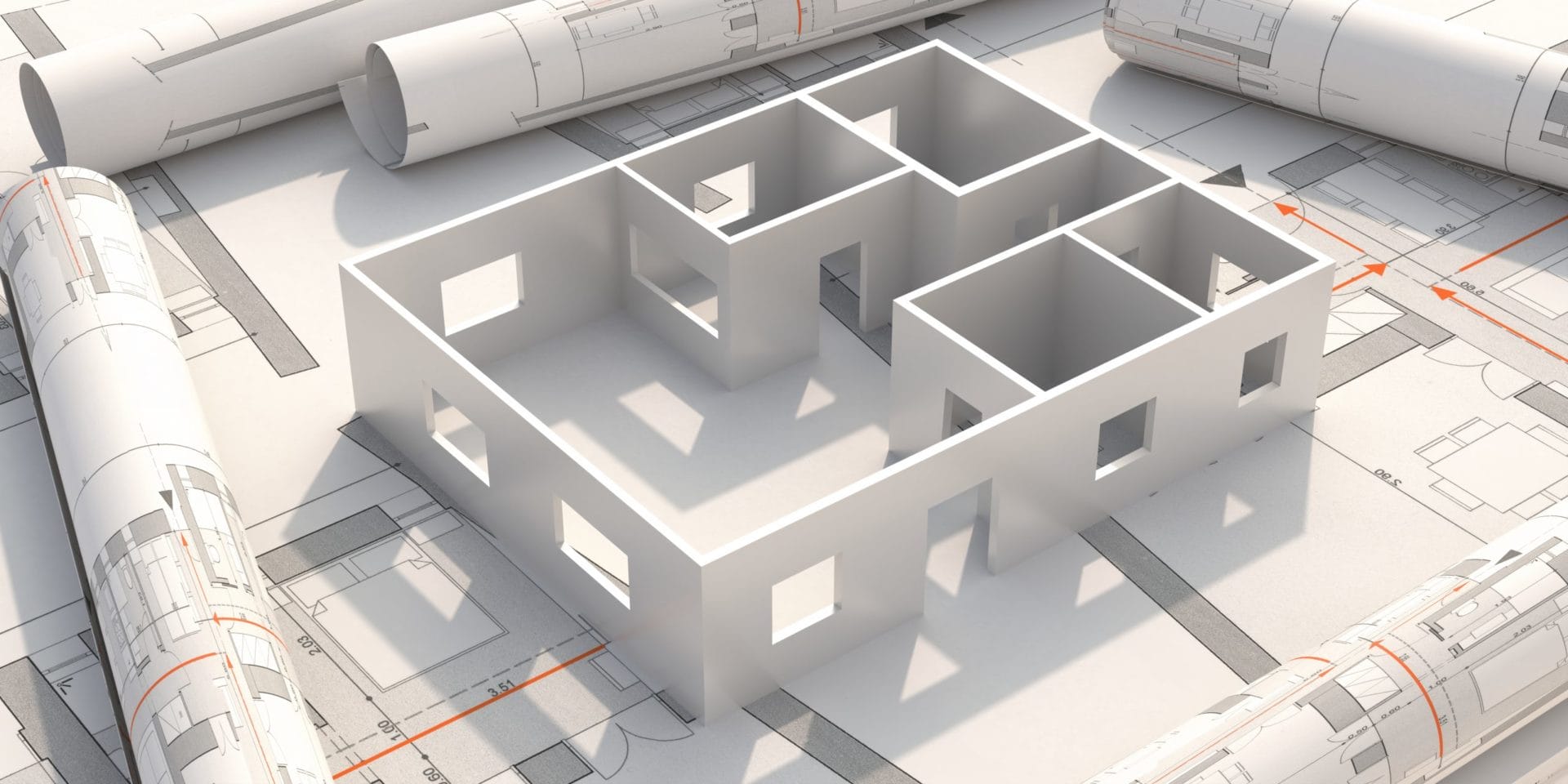 Visualisation de plans architecturaux extrudés en 3D montrant la conversion de données de scan vers modélisation BIM complète