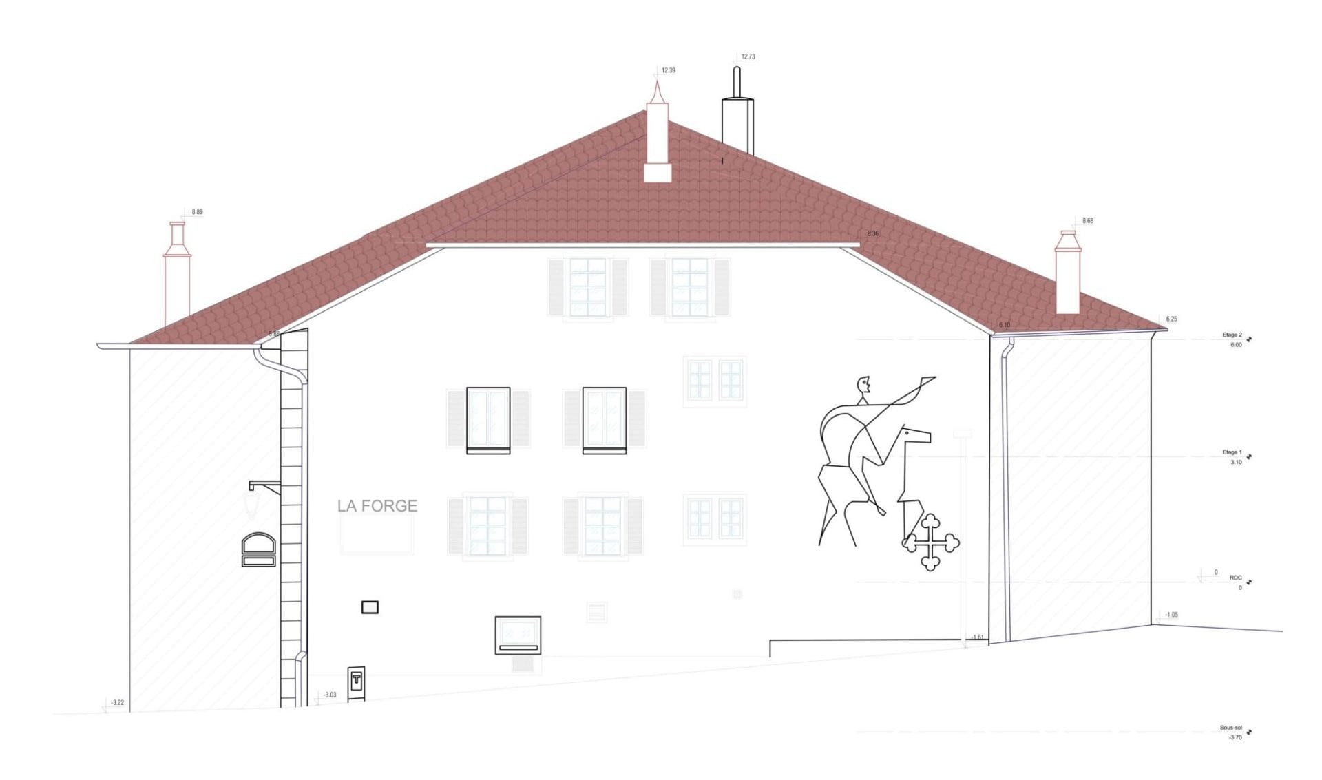 Plan technique de la façade Est d'un bâtiment résidentiel suisse documentant avec précision les porte-fenêtres, balcons et variations d'élévation