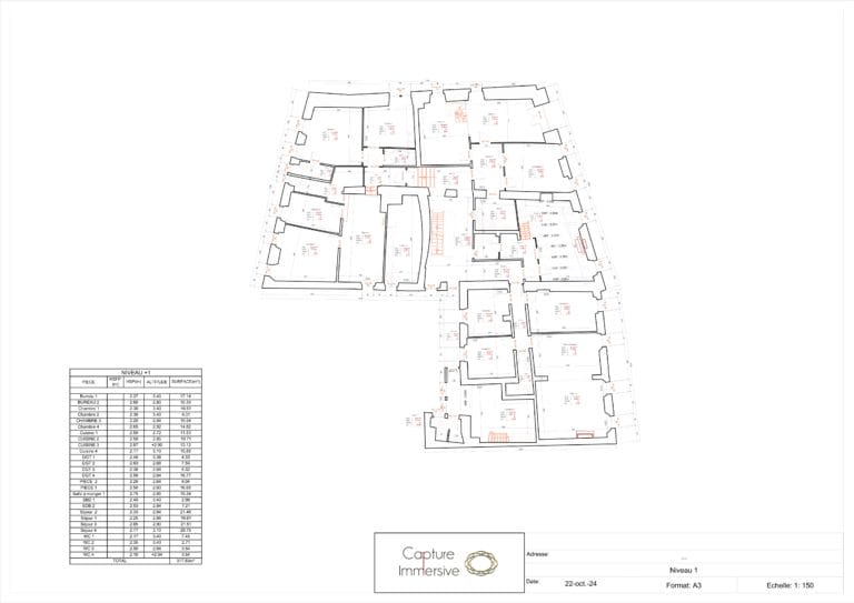 Plan technique au format DWG du premier étage d'un bâtiment résidentiel suisse avec balcons, murs arrondis et variations structurelles