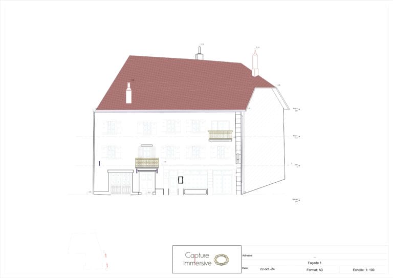 Plan technique détaillé d'une façade avec représentation précise des éléments de toiture, cheminées et lucarnes d'un bâtiment résidentiel suisse