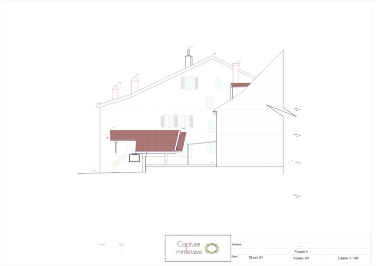 Plan technique détaillé de la façade avec entrée principale d'un bâtiment résidentiel suisse, montrant l'accès, les escaliers et l'auvent