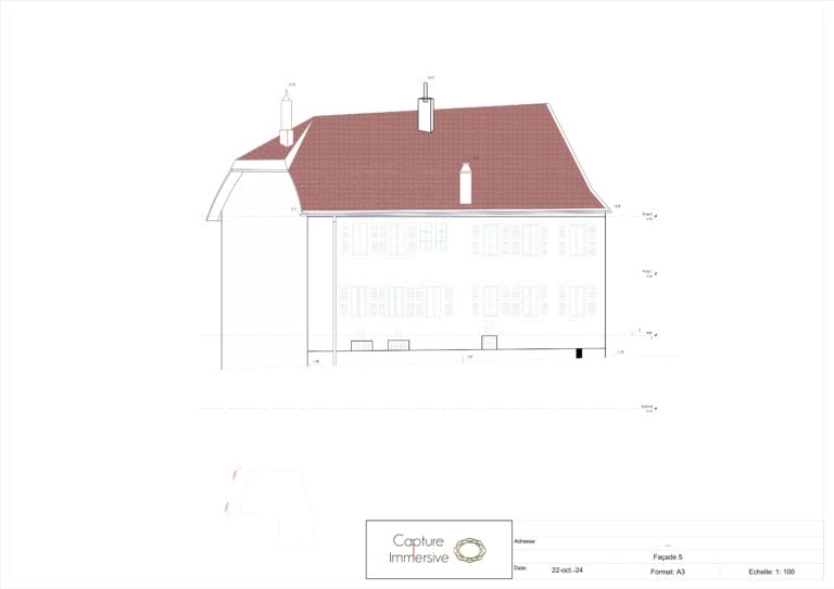 Plan technique de la façade Nord d'un bâtiment suisse montrant le dénivelé important du terrain et les adaptations architecturales