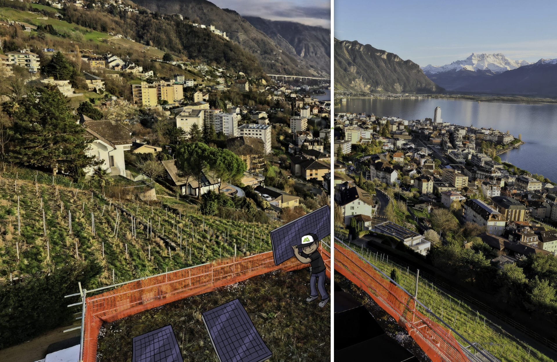 Visualisation comparative avant/après par drone avec repère humain pour échelle, permettant d'apprécier l'évolution d'un site