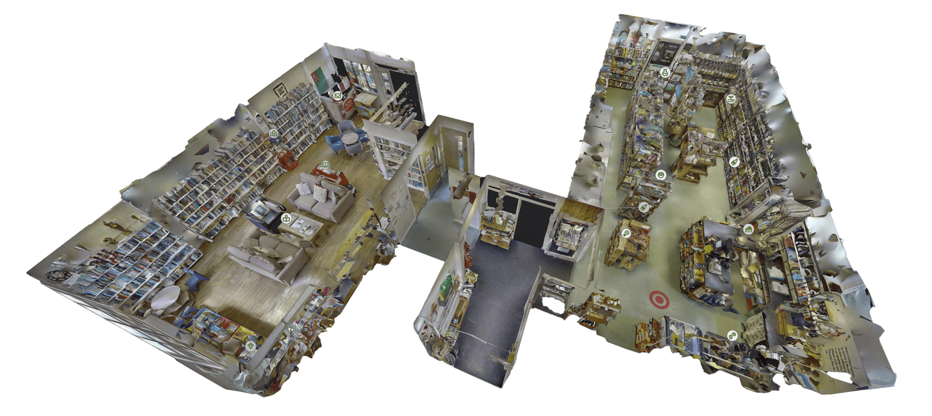 Modélisation 3D complète d'un magasin obtenue par scan professionnel pour visite virtuelle et aménagement