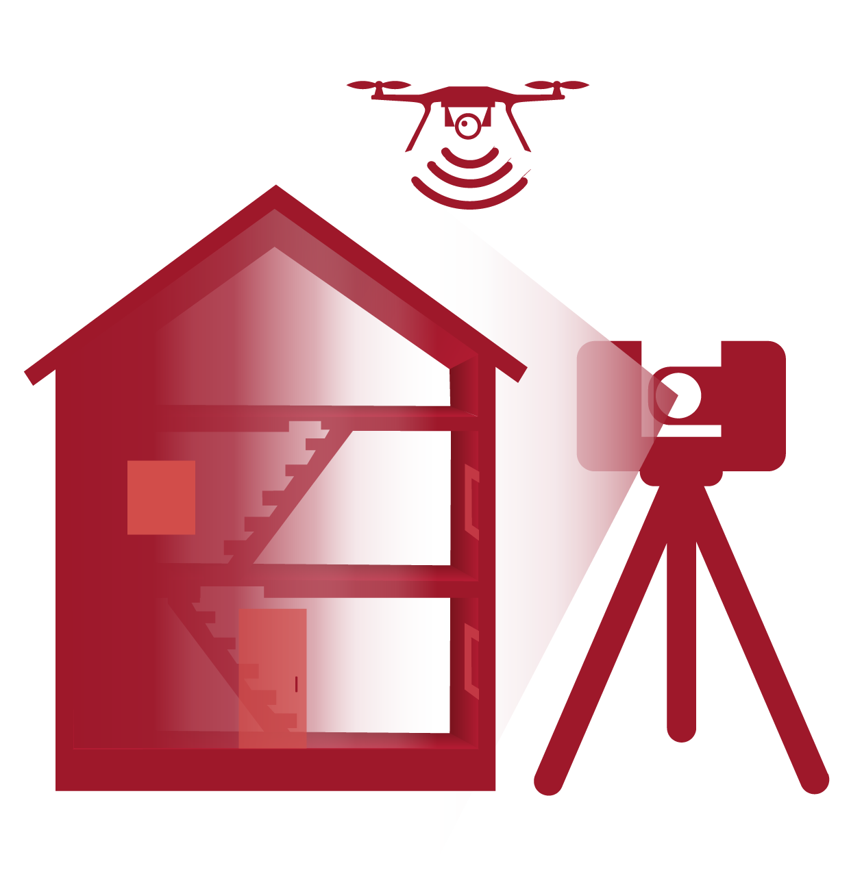 Pictogramme représentant l'ensemble des services techniques DWG, plans de façade, photogrammétrie et BIM pour projets architecturaux