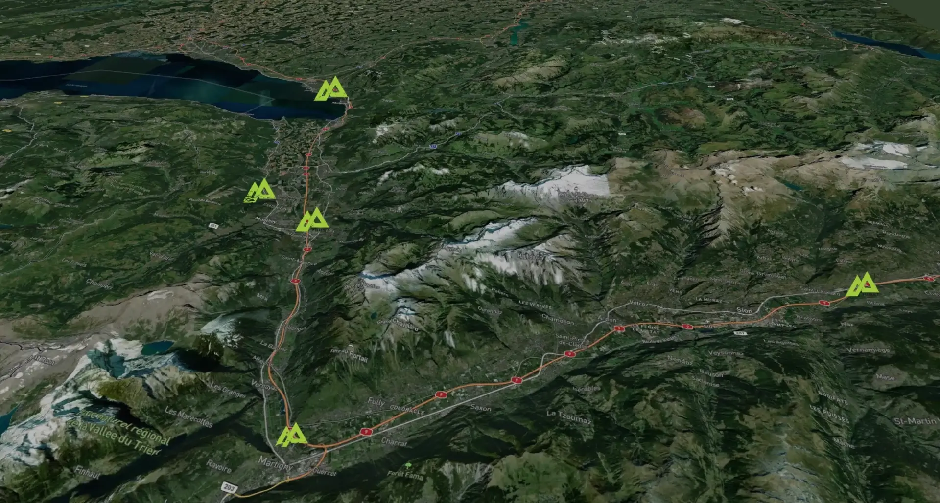 Visualisation 3D de carte interactive avec tags d'information sur différentes entreprises pour navigation immersive B2B