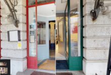 Image contrastant l'entrée d'un restaurant avant et après les travaux, démontrant une amélioration remarquable en termes de design et d'attrait.