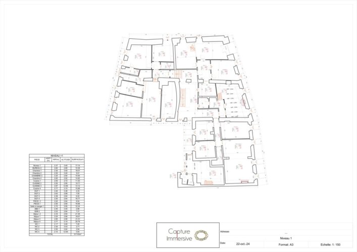 Plan technique au format DWG du premier étage d'un bâtiment résidentiel suisse avec balcons, murs arrondis et variations structurelles